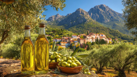 Golden bottles of olive oil and fresh green olives showcase the beauty of an Italian village at dusk.の素材