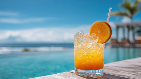 A vibrant drink with orange slices rests by the sparkling pool inviting relaxation in the sun.の素材