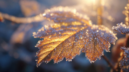 Sunlight filters through frost covered leaves creating a beautiful shimmering scene at dawn.の素材