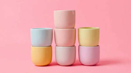 Nine ceramic cups in pastel colors are artfully stacked creating a cheerful and playful scene.の素材