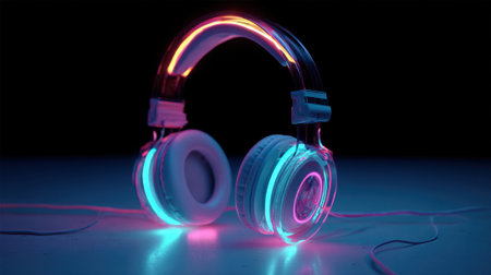 Neon headphones light up a dark space creating a colorful display of sound and style.の素材