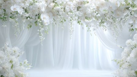 A stunning arrangement of white flowers with delicate drapes creates an enchanting wedding ambiance.の素材