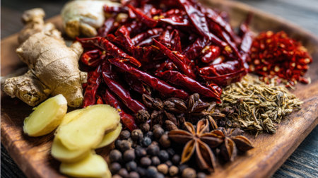 A vibrant display of dried chilies and fresh ginger awaits to enhance delicious recipes.の素材