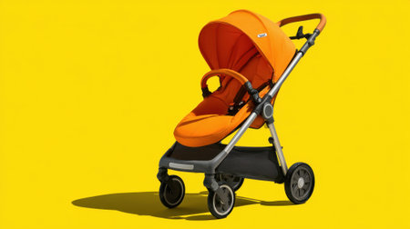 A vibrant orange stroller rests on a bright yellow surface showing its sleek design and color.の素材