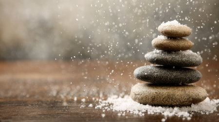 Snowflakes gently fall over stacked stones creating a peaceful winter atmosphere indoors.の素材