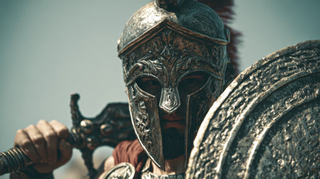 A fierce warrior stands ready for battle showing intricate armor and a strong presence.の素材