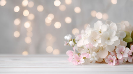 Delicate blossoms in white and pink colors sit on a rustic table glowing lights create a dreamy backdrop.の素材