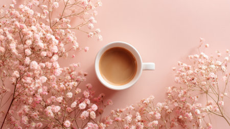 Enjoying a warm cup of coffee embraced by lovely pink blossoms on a soothing backdrop.の素材