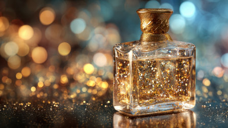 Golden liquid shimmers inside a beautifully crafted bottle reflecting joyful lights at night.の素材