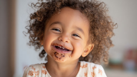 Little one with curly hair smiles brightly while enjoying a chocolate delight at home.の素材