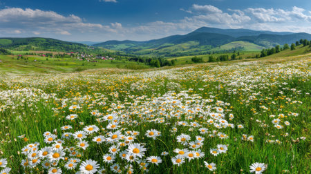 A vibrant meadow filled with white daisies extends towards rolling hills and mountains under a bright blue sky. The scene captures the beauty of nature on a sunny day.の素材