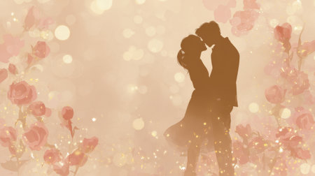 A romantic couple shares an intimate moment, silhouetted against a soft floral background. The setting captures a feeling of warmth and love, perfect for a special occasion.の素材