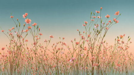 Soft pink wildflowers sway gracefully with the wind under a pastel sky at sunset.の素材