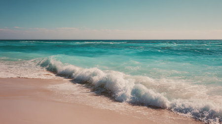 Soft waves roll onto the golden sand under a bright blue sky creating a peaceful beach scene.の素材