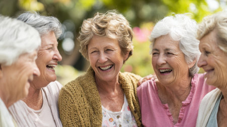 Five smiling women share laughter and stories in a colorful garden on a bright afternoon.の素材