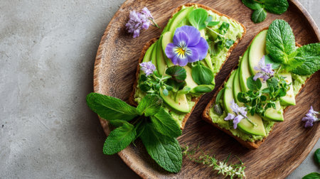 Bright avocado toast featuring green herbs and colorful flowers perfect for a healthy meal.の素材