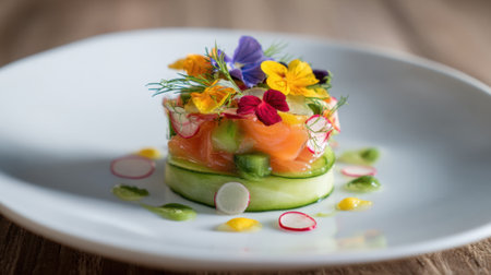 A vibrant salad featuring fresh vegetables and herbs garnished with colorful edible flowers beautifully plated.の素材