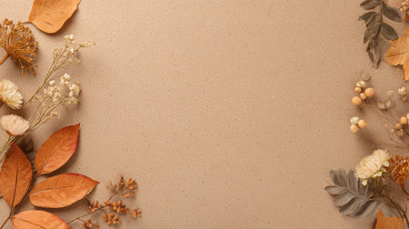 A collection of dried autumn leaves and flowers is arranged on a textured beige surface, showing warm earth tones. This setup is perfect for seasonal decoration or crafts.の素材