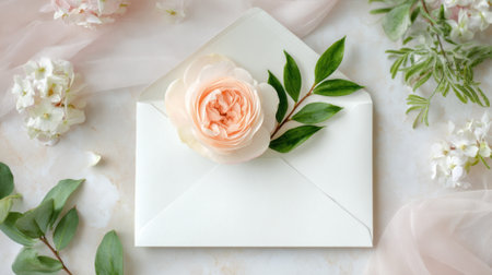 A white features envelope a soft peach rose and green leaves. Surrounding it are smaller, delicate flowers and soft fabric, creating a romantic and inviting scene.の素材