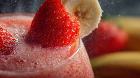 A delicious fruit smoothie filled with fresh strawberries and banana sits on a counter in a bright kitchen.の素材