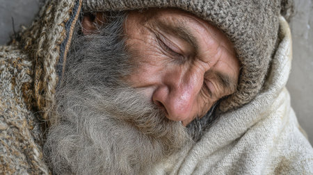 An elderly man with a long beard sleeps soundly wrapped in worn blankets embodying tranquility.の素材