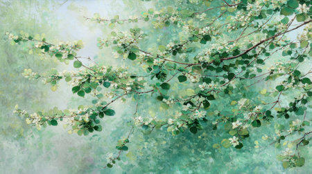 Fresh green leaves and white blossoms adorn branches in a serene spring setting.の素材