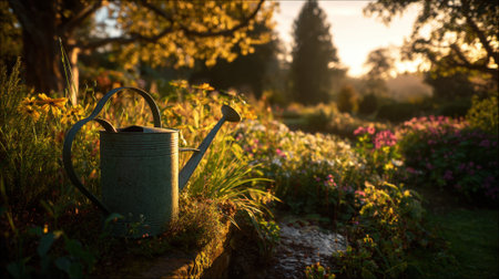A serene garden displays vibrant flowers with a vintage watering can resting among the blooms during golden hour, capturing the beauty of nature in the evening light.の素材