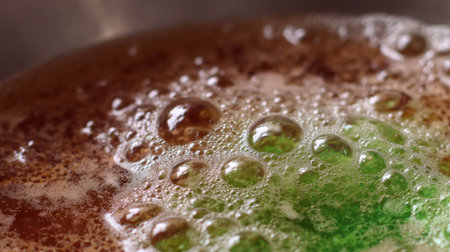 Brown liquid in a metallic surface shows many bubbles forming. The mixture appears to be simmering, with some green tones visible in the bubbles. Cooking takes place on a stove.の素材