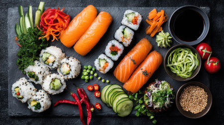 A colorful assortment of sushi featuring salmon, fresh vegetables, and various dipping sauces is beautifully arranged on a black stone board, showcasing culinary artistry.の素材