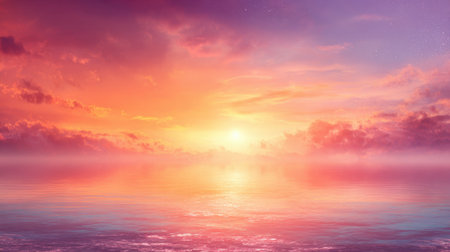 A stunning sunset casts brilliant colors across a tranquil sea creating a serene atmosphere.の素材
