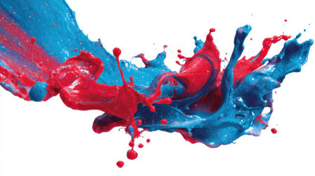 Bright red and blue paint collide, creating dynamic splashes and droplets on a white backdrop. The colors blend and swirl, evoking energy and creativity in this artistic scene.の素材