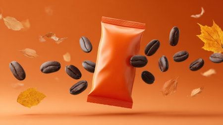 Coffee beans swirl in the air around a bright orange packaging capturing the essence of autumn.の素材