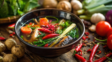 A bowl of flavorful vegetable soup sits on a rustic wooden table, surrounded by fresh herbs, vegetables, and spices.の素材