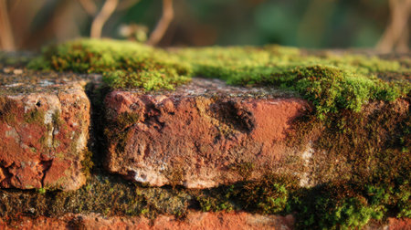 A close-up view reveals a weathered brick wall adorned with vibrant green moss. The natural growth creates a serene atmosphere in a tranquil garden.の素材