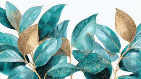 Vibrant teal leaves with shimmering gold highlights create an elegant decor piece for any setting.の素材