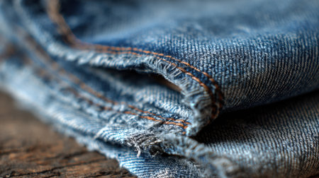The intricate details of frayed denim fabric. The worn edges and texture highlight a casual style that fits everyday wear.の素材