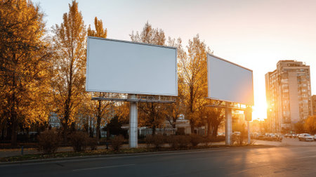 Warm sunlight casts a golden hue over autumn trees and vacant billboards in a serene city scene.の素材