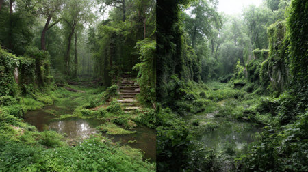 A peaceful scene in a dense forest, featuring a clear stream flowing through thick greenery. The area is enveloped in mist, creating a calm and tranquil environment.の素材