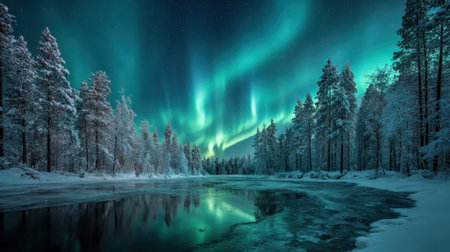 Vibrant auroras illuminate the night sky above a tranquil snowy river reflecting the beauty.の素材
