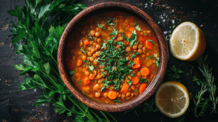 A rich lentil soup is prepared in a wooden bowl, garnished with green herbs. Fresh lemon slices and greens are placed on a dark table, enhancing the hearty dish's appeal.の素材