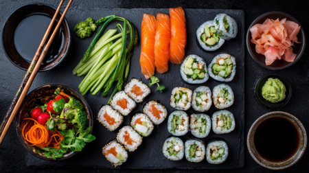 A colorful assortment of sushi, including rolls, sashimi, and vegetables, is beautifully arranged on a dark serving board. Soy sauce, wasabi, and ginger add flavor.の素材