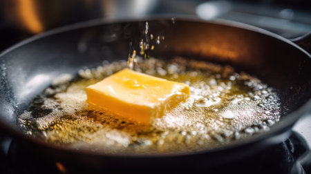 Butter is placed in a hot frying pan, sizzling as it melts in the warm oil. The bright yellow color contrasts with the bubbling grease, creating a rich aroma.の素材