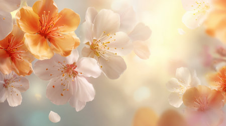 Delicate flowers bloom softly creating a tranquil atmosphere filled with springs warmth.の素材