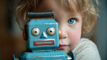A young child is playfully interacting with a retro toy robot, showing a joyful expression. Sunlight filters through the room, adding warmth to the scene.の素材