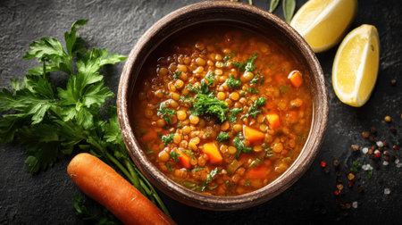 A bowl filled with hearty lentil soup featuring diced carrots, vibrant herbs, and lemon wedges on a dark surface. Fresh ingredients create a delightful meal.の素材