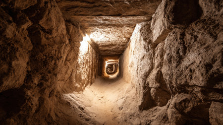 Light gently illuminates a narrow underground tunnel made of rough stone, showing the craftsmanship of ancient builders. This unique structure invites exploration and curiosity.の素材