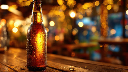 A chilled bottle of beer stands on a wooden table in a vibrant bar filled with warm lights. The droplets of water glisten as customers enjoy their drinks and conversations.の素材