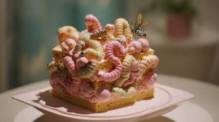 This enchanting dessert showcases a square cake adorned with vibrant edible worms and delicate butterflies. It is set in a cozy cafe with soft background colors.の素材