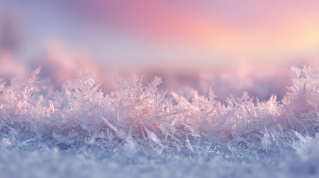 Delicate ice crystals cover the ground in a frosty landscape, reflecting soft morning light. The scene captures the tranquil beauty of dawn, with pastel colors in the sky.の素材