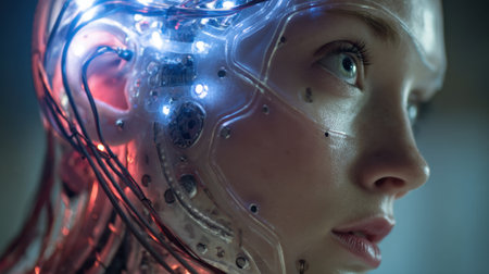 A detailed view of a human-like robot head illuminated by colorful lights, highlighting intricate wires and mechanical components in a modern display setting.の素材